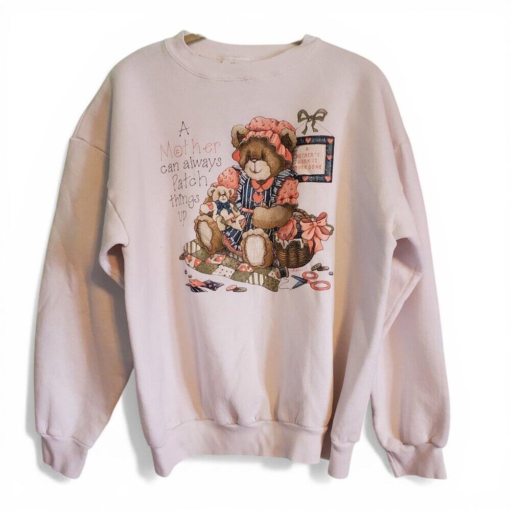 Vintage A Mother Always Teddy Bear White Crew Neck Sweatshirt Size Large